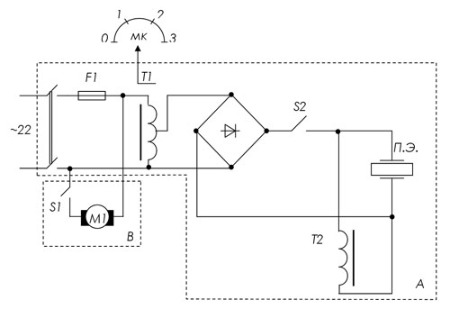 Рис. 8. Принципиальная электрическая схема: трансформатор T1 - ЛАТР, диоды VD1-VD4 - Д242Б, излучатель п.э. - FM-2220A-901,	электромагнит - T2.